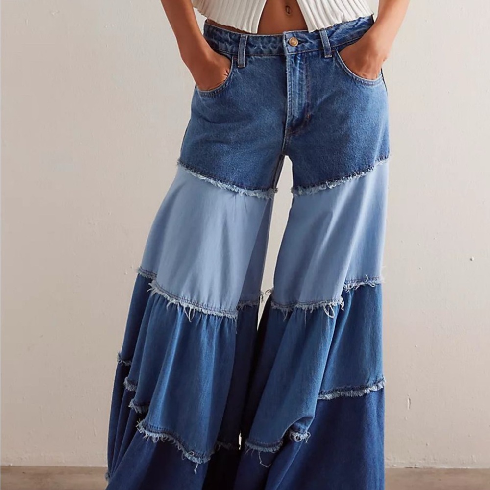 We The Free Two-Tone Blue Tiered Wide-Leg Jeans